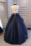 Anneprom Ball Gown Blue Tulle Lace Long Prom Dresses Deep V Neck Backless Evening Dresses APP0397