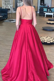 Anneprom Simple A Line Spaghetti Straps V Neck Prom Dresses with Pockets, Backless Long Dance Dress APP0400