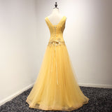 Anneprom Real Picture Yellow Long Evening Party Dresses Beading Lace Up Black Girl African Prom Formal Gowns APP0407