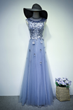 Anneprom Charming Appliques Tulle Formal Floor Length Blue Long Prom DressAPP0409 