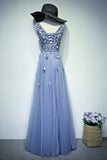 Anneprom Charming Appliques Tulle Formal Floor Length Blue Long Prom DressAPP0409 