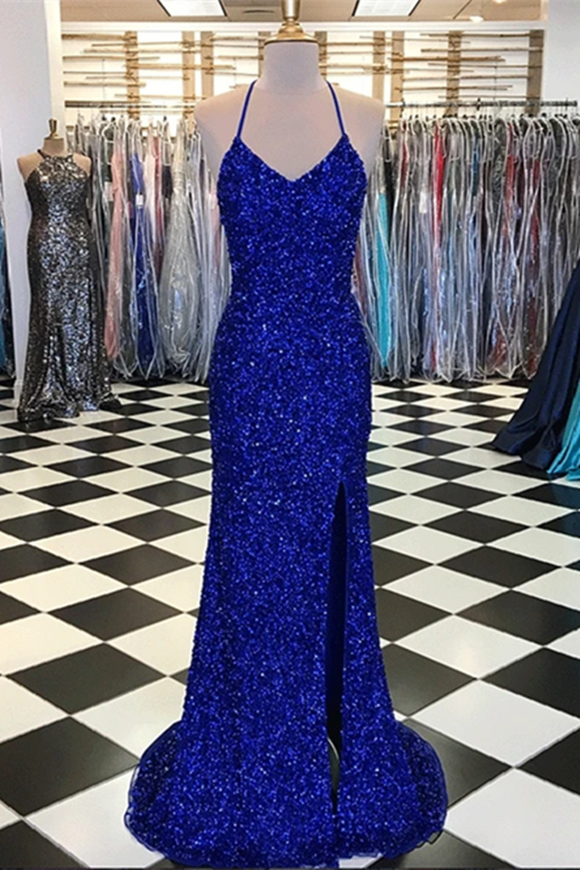 Anneprom Sparkly Prom Dresses with Slit Sheath Short Train Long Royal Blue Prom Dress APP0413