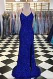 Anneprom Sparkly Prom Dresses with Slit Sheath Short Train Long Royal Blue Prom Dress APP0413