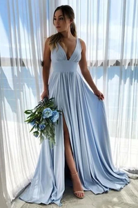 Anneprom Deep V Neck Blue Long Prom Dresses Simple Bridesmaid Dresses APP0414