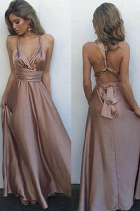 Anneprom Sexy Blush V-Neck Sleeveless Floor Length with Pleats Crisscross Back Prom Dresses APP0417