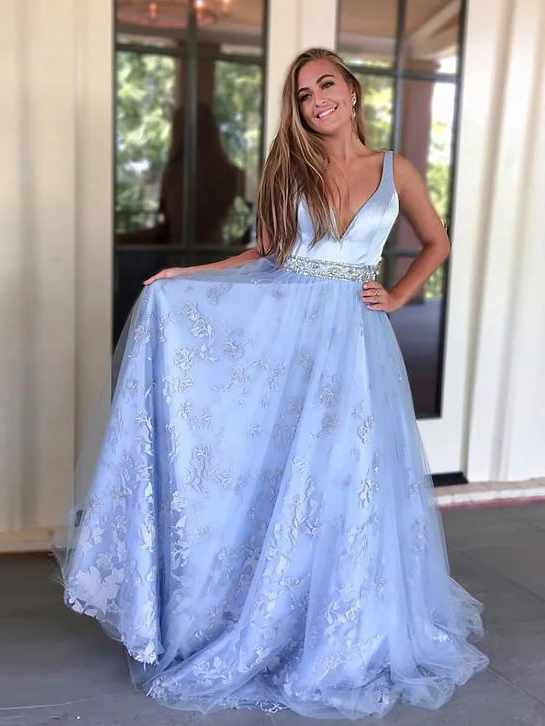 Anneprom Blue Satin Lace Beaded Long V Neck Senior Prom Dress APP0427