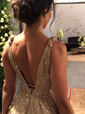Anneprom Chic A-line Gold Sparkly V neck Long Prom Dresses Evening Dress APP0429