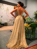 Anneprom Chic A-line Gold Sparkly V neck Long Prom Dresses Evening Dress APP0429