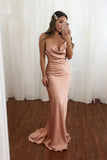Anneprom Spaghetti Straps Sweetheart Mermaid Satin Pink Long Prom Dress APP0433