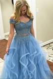 Anneprom Blue Tulle Off Shoulder Two Piece Prom Dresses Lace Formal Dresses APP0444