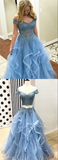 Anneprom Blue Tulle Off Shoulder Two Piece Prom Dresses Lace Formal Dresses APP0444