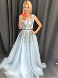 Anneprom Chic A-line V neck Long Blue Lace Prom Dresses Evening Dress APP0446