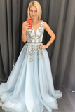 Anneprom Chic A-line V neck Long Blue Lace Prom Dresses Evening Dress APP0446