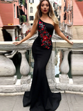 Anneprom Chic Trumpet/Mermaid One Shoulder Long Prom Dresses Embroidery Evening Dress APP0448  