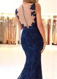 Anneprom Elegant Navy Blue V Neck Long Lace Mermaid Prom Evening Dresses APP0451