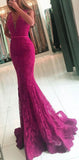 Anneprom Elegant Navy Blue V Neck Long Lace Mermaid Prom Evening Dresses APP0451