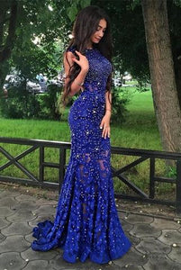 Anneprom Sparkly Royal Blue Lace Beaded Long Mermaid Backless Prom Dresses Evening Dresses APP0452 