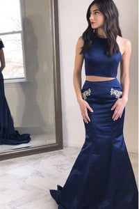 Anneprom Two Piece Halter Backless Mermaid Navy Blue Prom Dress with Beading Pockets APP0459