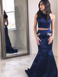 Anneprom Two Piece Halter Backless Mermaid Navy Blue Prom Dress with Beading Pockets APP0459