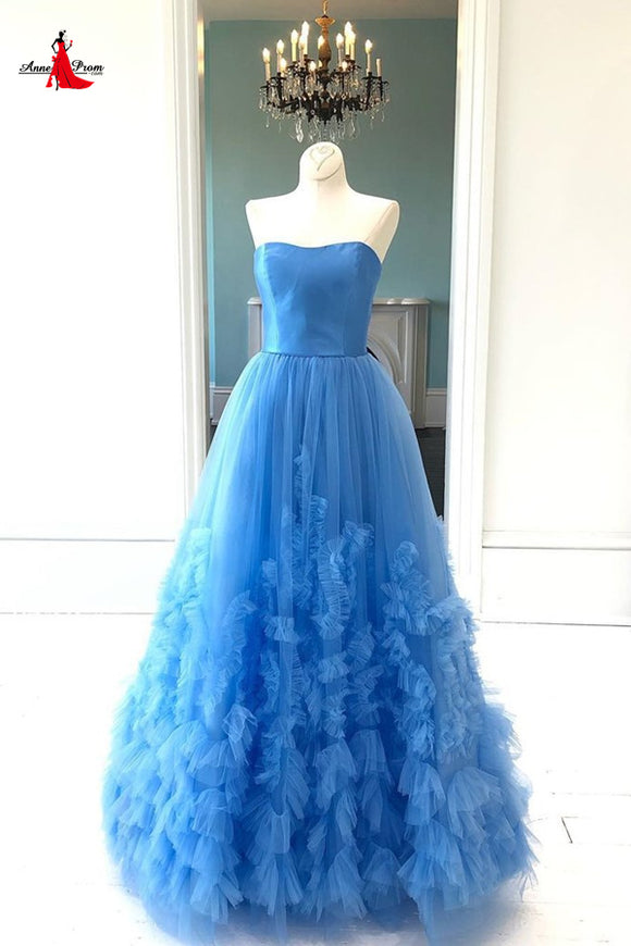 Anneprom Vintage Long Blue Prom Dresses Simple Strapless Evening Gowns Formal Dresses APP0463