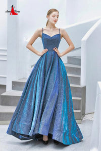 Anneprom A-line Spaghetti Straps Blue Sparkly Long Prom Dresses Evening Gowns APP0464
