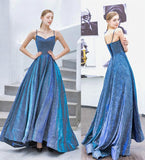 Anneprom A-line Spaghetti Straps Blue Sparkly Long Prom Dresses Evening Gowns APP0464