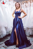 Anneprom A-line Navy Blue Satin Slit Long Prom Dresses Party Dresses APP0465