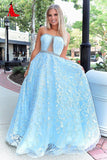 Anneprom Chic A-line Strapless Blue Lace Long Prom Dresses Evening Dress APP0467