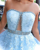 Anneprom Chic A-line Strapless Blue Lace Long Prom Dresses Evening Dress APP0467