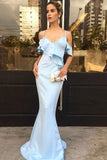 Anneprom Mermaid Spaghetti Straps Light Blue Satin Long Prom Dress with Ruffles APP0469