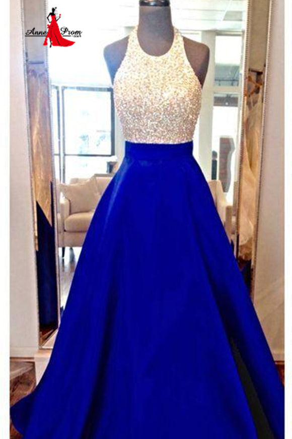 Anneprom High Neck Royal Blue Long Prom Dresses,Bodice Beads Evening Prom Dress Ball Gown APP0470