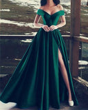 Anneprom Elegant V-neck Off The Shoulder Long Satin Prom Dresses With Slit APP0471