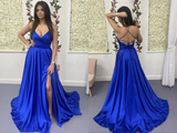 Anneprom A Line V Neck Backless Royal Blue Satin Long Prom Dress, Open Back Formal Graduation Evening Dress APP0474