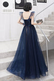 Anneprom Dark blue sweetheart tulle long prom dress blue tulle formal dress APP0478