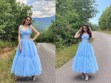 Anneprom Sky Blue Straps Tulle A Line Prom Dress Sweetheart Homecoming Dresses APP0480