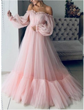 Anneprom Pink Lace Off Shoulder Fluffy Tulle Long Sleeve Prom Party Maxi Dress APP0481