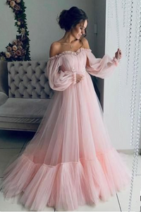 Anneprom Pink Lace Off Shoulder Fluffy Tulle Long Sleeve Prom Party Maxi Dress APP0481