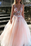Anneprom Light Pink V Neck Sleeveless Tulle Prom Dress with Flowers and Beads APP0483