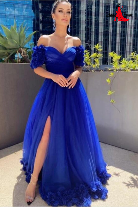 Anneprom Tulle Flowers Off Shoulder Prom Dresses With Split APP0486