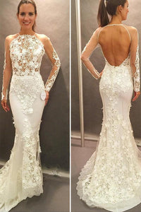 Anneprom Long Sleeves Lace Appliques Open Back Court Train Wedding Dress APW0044
