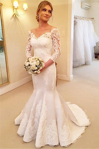 Anneprom Lace V-Neck 3/4 Sleeves Buttons Mermaid Wedding Dress APW0045