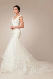 Anneprom Mermaid V-Neck Lace-Up Appliques Court Train Wedding Dress APW0049