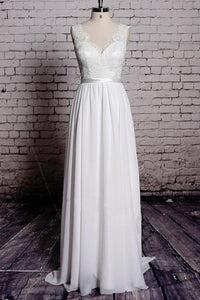 Anneprom A-Line Lace V-Neck Backless Sheath Long Wedding Dress APW0059
