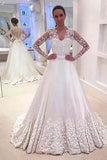 Anneprom V Neck Long Sleeves Appliques Wedding Dresses With Court Train APW0065  