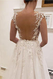 Anneprom A Line V Neck Ivory Lace Fairy Long Wedding Dresses With Appliques APW0066