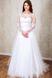 Anneprom Elegant A-Line Long Sleeves White Lace Wedding Dress Bridal Gowns APW0072 