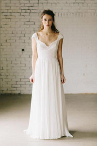 Anneprom A-Line Ivory Lace Cap Sleeve Vintage Chiffon Wedding Dresses APW0074
