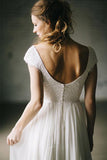 Anneprom A-Line Ivory Lace Cap Sleeve Vintage Chiffon Wedding Dresses APW0074