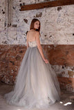 Anneprom A-Line White Lace Grey Tulle Strapless Sweetheart Neck Wedding Dress APW0081