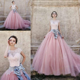 Anneprom Cap Sleeves Ball-Gown Lace Bowknot Pink Tulle Wedding Dresses APW0082